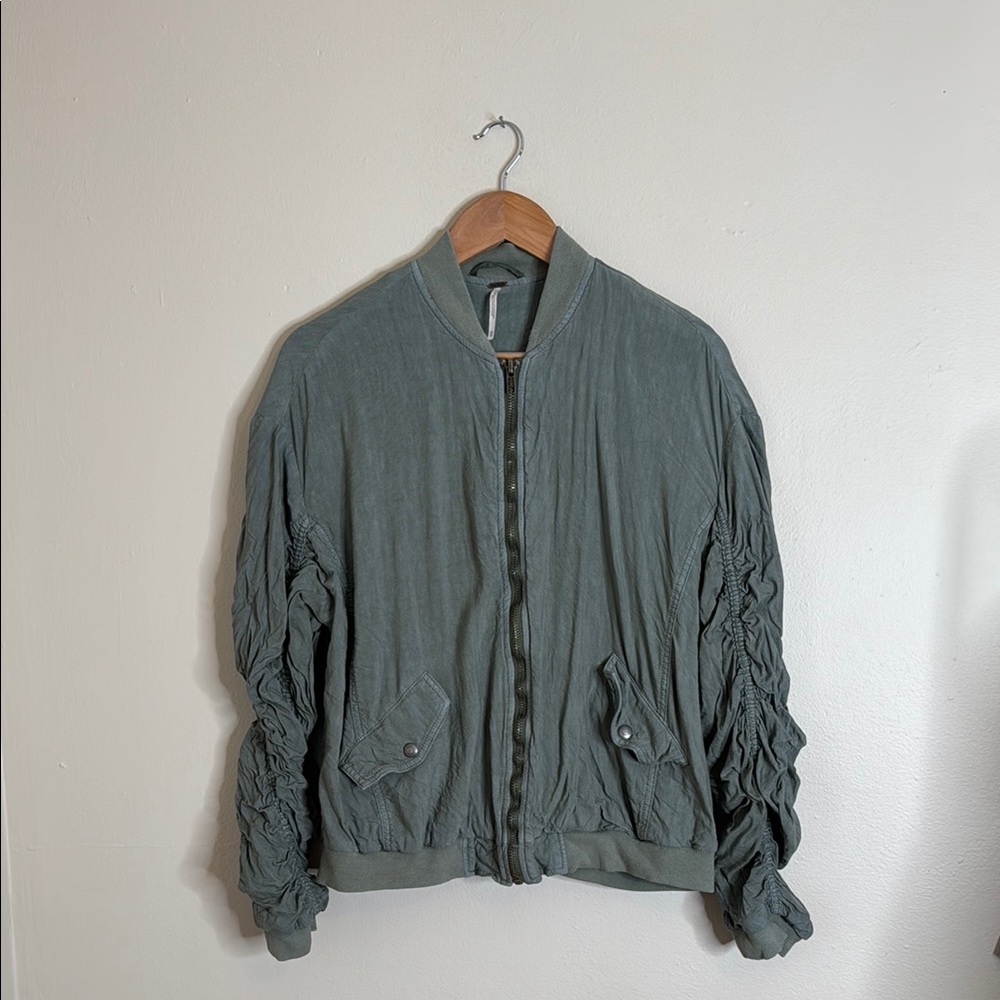 Free People Ruched Linen Bomber Jacket - Picture 2 of 10
